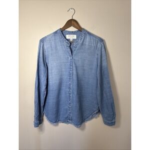 Anthropologie Cloth & Stone Denim Button Long Sleeve Fray Hem Blouse PL Mandarin